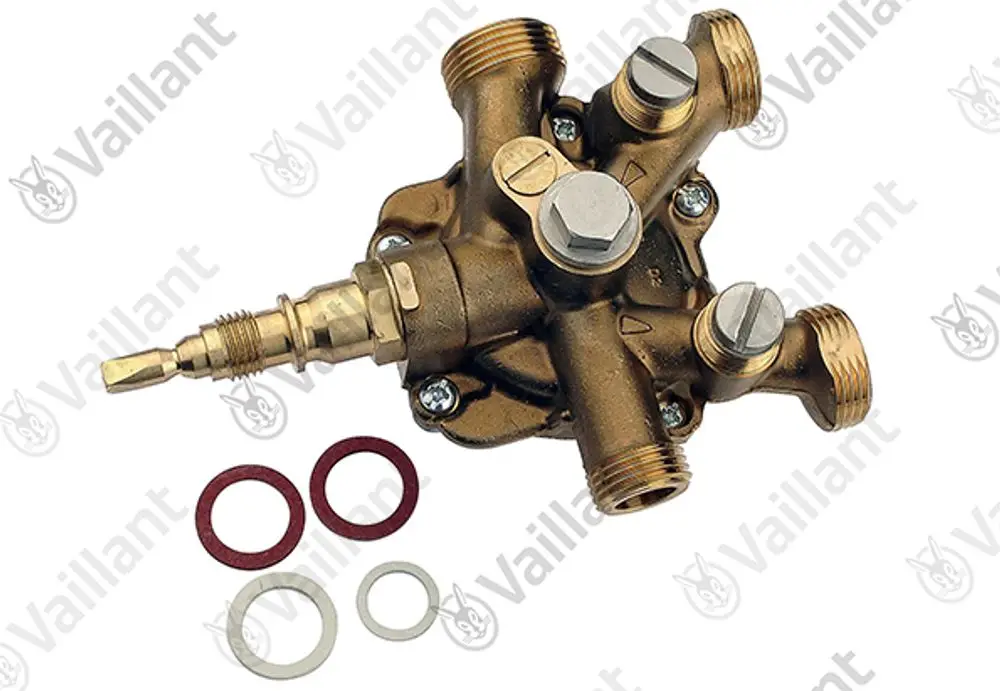 Vaillant Wasserschalter in bronze mit mehreren Anschlüssen, inklusive Gummidichtungen in verschiedenen Farben zur Abdichtung.